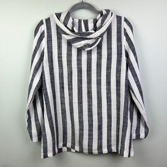 209 wst 38 Linen Cotton Top White Grey Stripes Drawstring Hoodie Blouse sz 6 EUC - Picture 4 of 11